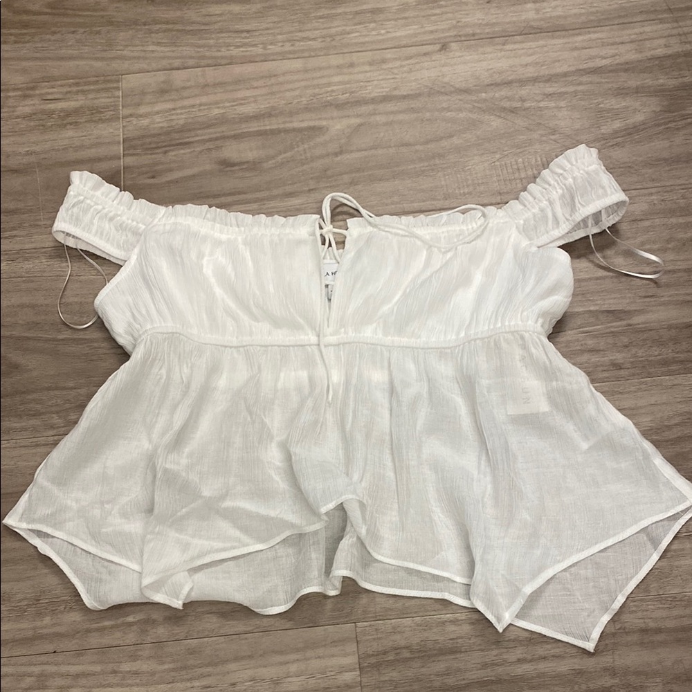 La Hearts White Off The Shoulder Blouse Smocked Flutter Sleeve